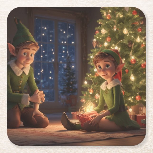 Porta-copo De Papel Quadrado Elves de Natal (Frente)