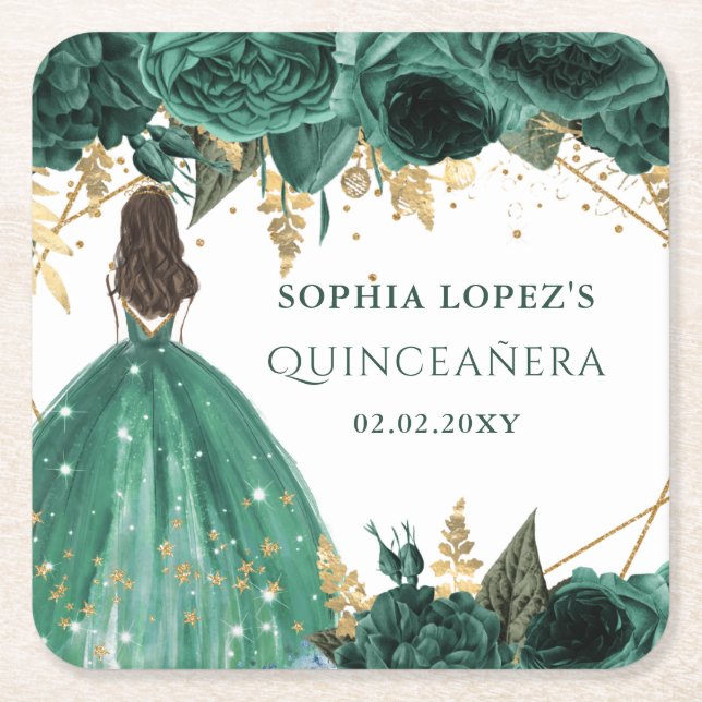 Porta-copo De Papel Quadrado Emerald Green Dourada Princesa Floral Quinceanera (Frente)