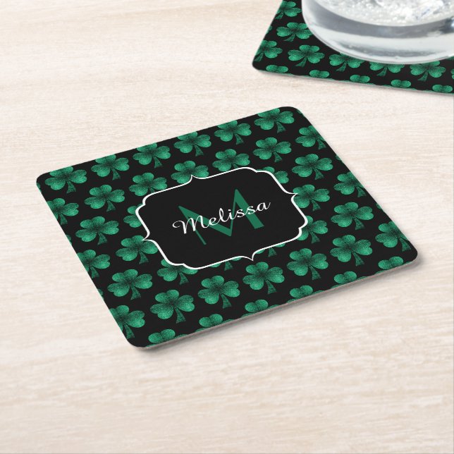 Porta-copo De Papel Quadrado Emerald Green Sparkle Shamrock black Monogram (Inclinado)