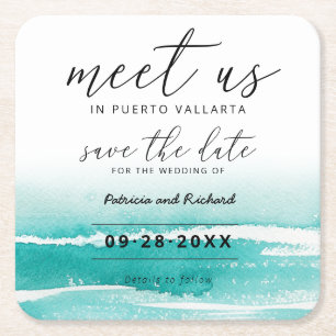 Porta-copo De Papel Quadrado Encontre-nos no Casamento de Destino Teal Save The
