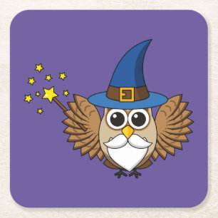 Porta-copo De Papel Quadrado Engraçado Merlin, o Cartoon da Coruja Mágica