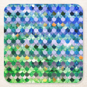 Porta-copo De Papel Quadrado Escamas de Peixes de Sereia Verde Azul