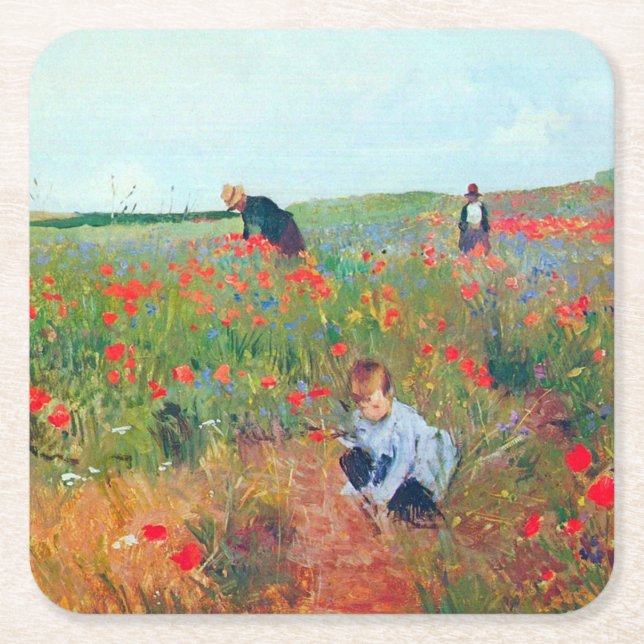 Porta-copo De Papel Quadrado Escolhendo Flores num Campo, Mary Cassatt (Frente)
