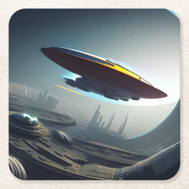 Porta-copo De Papel Quadrado Espaco sobre uma cidade futurística (Frente)