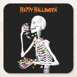 Porta-copo De Papel Quadrado Esqueleto comendo doces de Halloween