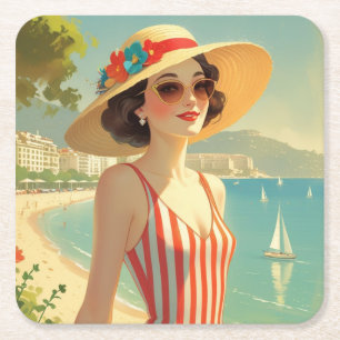 Porta-copo De Papel Quadrado Estilo Vintage Cote D'Azur Beach Girl