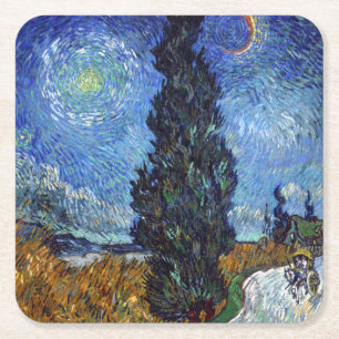 Porta-copo De Papel Quadrado Estrada com Ciprestes Impressionismo de Van Gogh