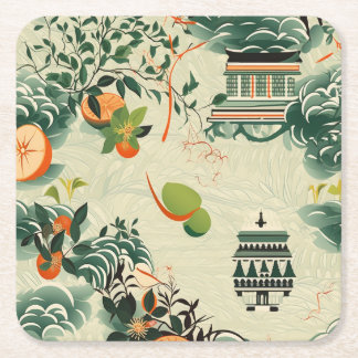 Porta-copo De Papel Quadrado Ethereales Orangenmuster mit Zen-Tempeln