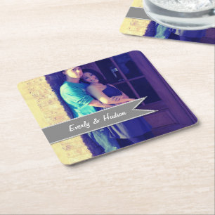 Porta-copo De Papel Quadrado Etiqueta Moderna Cinza de Foto de Casamento Person