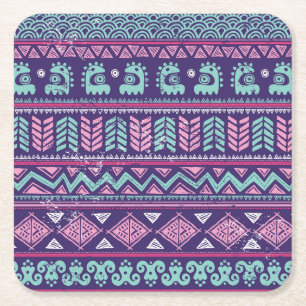 Porta-copo De Papel Quadrado Étnica Tribal: Padrão Colorido Sem Costura.