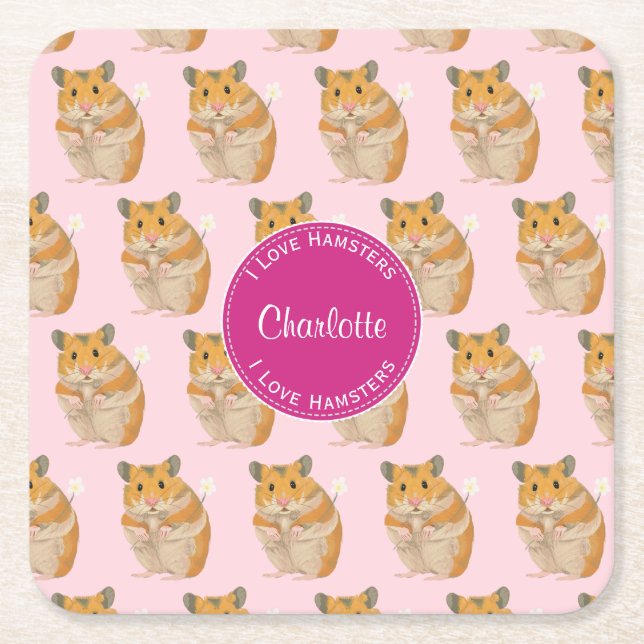 Porta-copo De Papel Quadrado Eu amo Hamsters Pink Hamster Patterno (Frente)