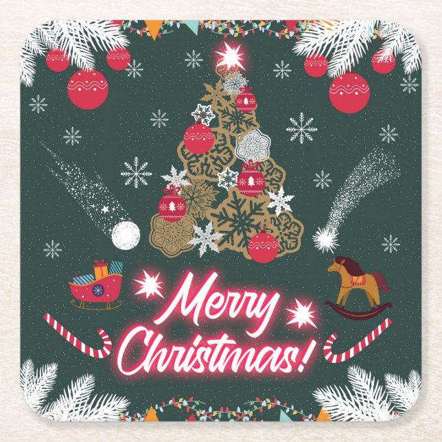 Porta-copo De Papel Quadrado Evergreen Joy do Natal (Frente)