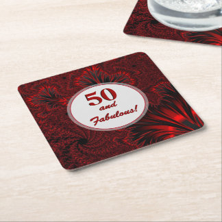 Porta-copo De Papel Quadrado Fabuloso 50 Noivado Fractal Vermelho Brilhante e b