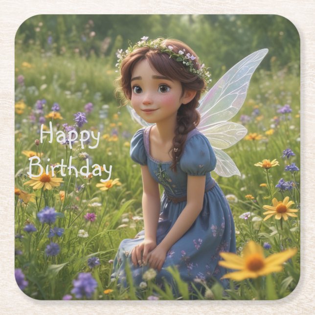 Porta-copo De Papel Quadrado Fada em Prado (Frente)