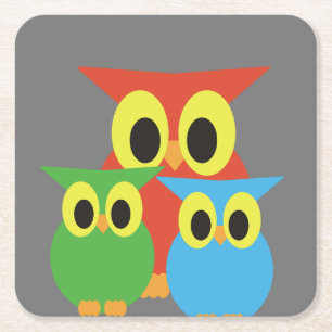 Porta-copo De Papel Quadrado Família Coruja: Vermelho, Verde e Azul
