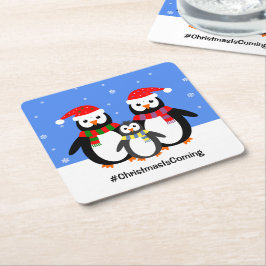 Porta-copo De Papel Quadrado Família de pinguins seu natal de texto