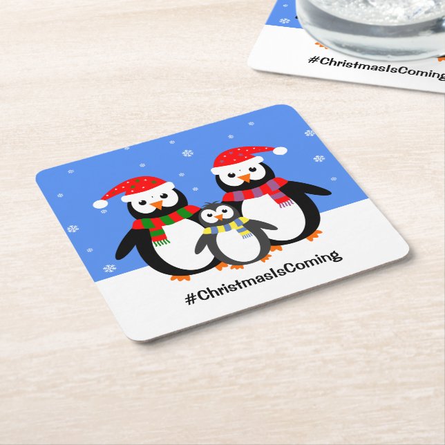 Porta-copo De Papel Quadrado Família de pinguins seu natal de texto (Inclinado)