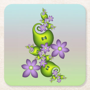 Porta-copo De Papel Quadrado Fantasia Floral Flores Lilás Formas Verdes Fractal