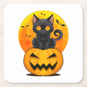 Porta-copo De Papel Quadrado Fantasias de Halloween de Abóbora de Gato Preto 
