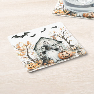 Porta-copo De Papel Quadrado Fantasma Branco e Laranja, de outono
