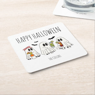 Porta-copo De Papel Quadrado Fantasmas e Coquetéis Retro Fofos Feliz Halloween