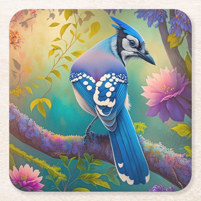 Porta-copo De Papel Quadrado Fantasy Birds Blue Jay (Frente)