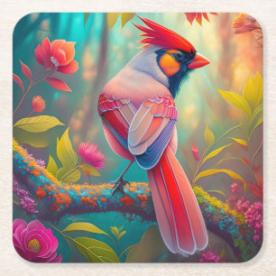 Porta-copo De Papel Quadrado Fantasy Birds Male Cardinal