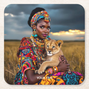 Porta-copo De Papel Quadrado Fantasy Cute African Woman Lion