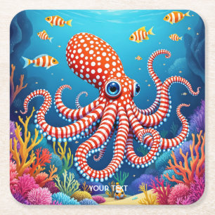 Porta-copo De Papel Quadrado Fantasy Cute Checked Octopus Sea