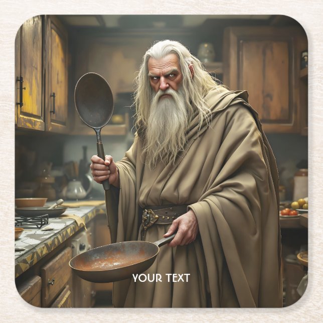 Porta-copo De Papel Quadrado Fantasy Cute Wizard Frying Pan (Frente)