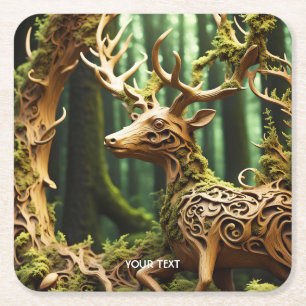 Porta-copo De Papel Quadrado Fantasy Cute Wooden Carving Deer