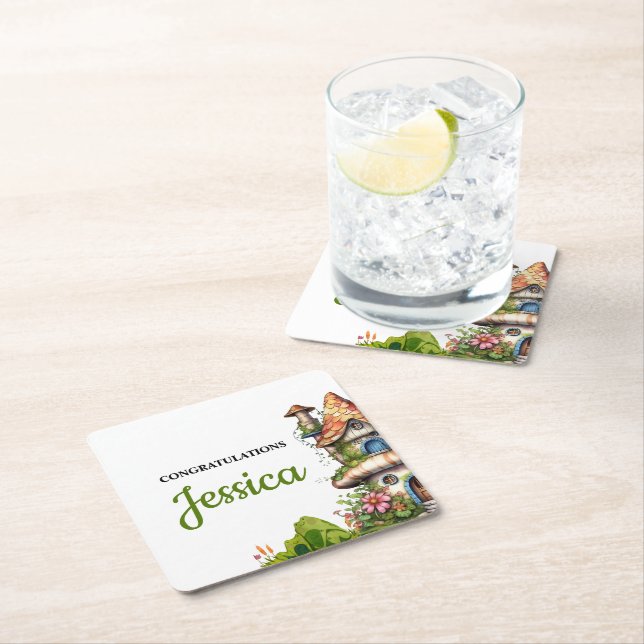 Porta-copo De Papel Quadrado Fantasy Magical Fairy House Baby Shower (Insitu)