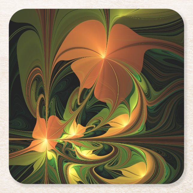 Porta-copo De Papel Quadrado Fantasy Plant Abstrato Green Rust Brown Fractal (Frente)
