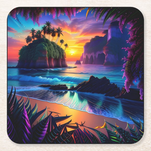 Porta-copo De Papel Quadrado Fantasy Tropical Beach Three (Frente)