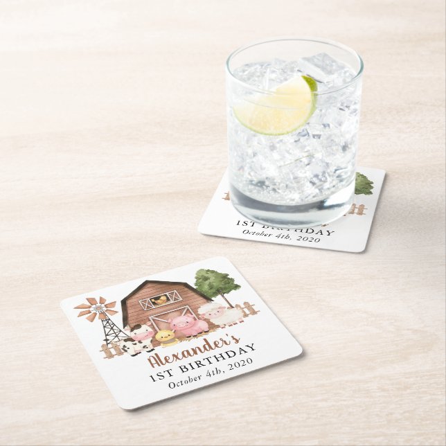 Porta-copo De Papel Quadrado Farm Animals, Cute Animals, Barn, First Birthday (Insitu)