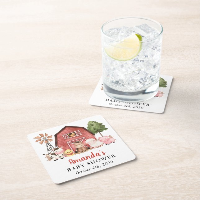 Porta-copo De Papel Quadrado Farm Animals, Cute Animals, Red Barn, Baby Shower (Insitu)