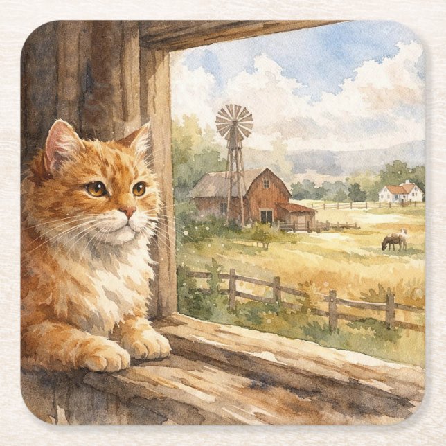 Porta-copo De Papel Quadrado Farm Cat Coasters (Frente)