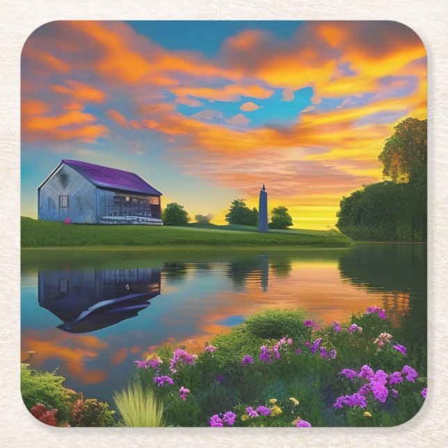 Porta-copo De Papel Quadrado Farmhouse Purple Roof Pond em Sunrise (Frente)