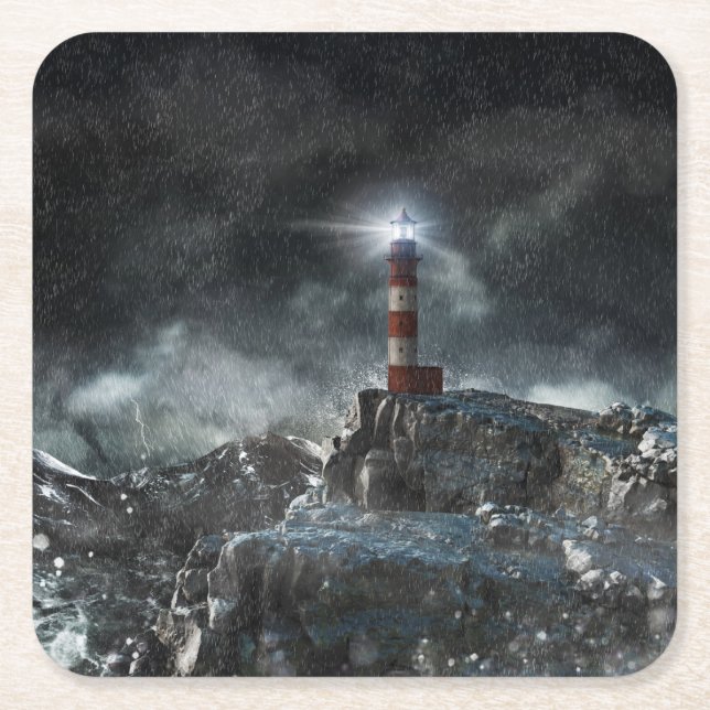 Porta-copo De Papel Quadrado Faróis | Farol na tempestade (Frente)
