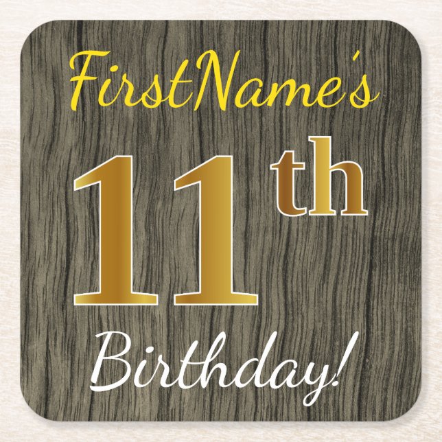 Porta-copo De Papel Quadrado Faux Wood, Faux Dourada 11 Birthday + nome persona (Frente)