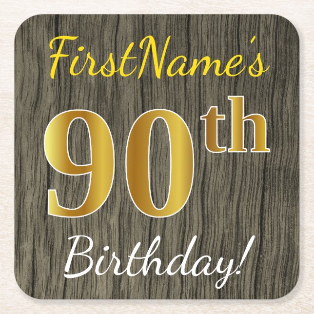 Porta-copo De Papel Quadrado Faux Wood, Faux Dourada 90 Birthday + nome persona (Frente)