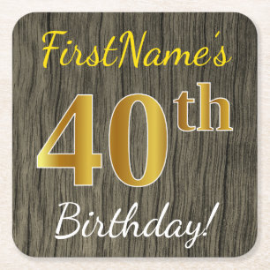 Porta-copo De Papel Quadrado Faux Wood, Faux Dourada aniversário de 40 anos +