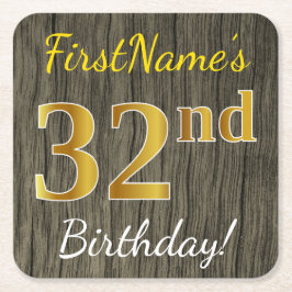 Porta-copo De Papel Quadrado Faux Wood, Faux Dourado 32º Aniversário + Nome Per