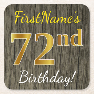 Porta-copo De Papel Quadrado Faux Wood, Faux Dourado 72º Aniversário + Nome P