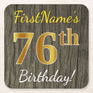Porta-copo De Papel Quadrado Faux Wood, Faux Dourado 76º aniversário + Nome P