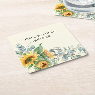 Porta-copo De Papel Quadrado Favor de Casamento de Girassol Eucalipto Rústico