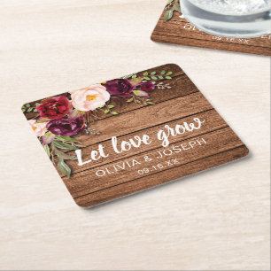 Porta-copo De Papel Quadrado Favor de casamento de madeira floral burgundy rúst