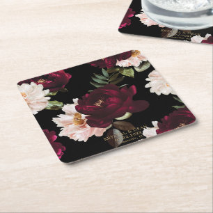 Porta-copo De Papel Quadrado Favor de casamento floral rosa Borgonha escuro e s