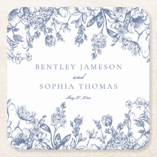 Porta-copo De Papel Quadrado Favor de casamento floral vintage em azul Chinoise