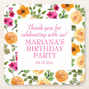 Porta-copo De Papel Quadrado Favor de festa de aniversário floral laranja rosa